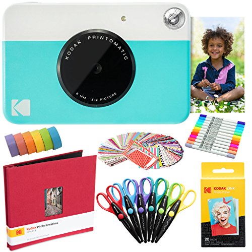 KODAK Printomatic Instant Camera (Blau) Kunstpaket + Zinkpapier (20 Blatt) + 8 x 8-Stoff-Sammelalbum + 12 Doppelpunktmarker + 100 Aufkleber + 6 Scheren + Washi Tape von KODAK