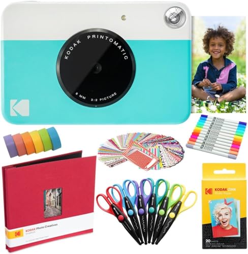 KODAK Printomatic Instant Camera (Blau) Kunstpaket + Zinkpapier (20 Blatt) + 8 x 8-Stoff-Sammelalbum + 12 Doppelpunktmarker + 100 Aufkleber + 6 Scheren + Washi Tape von KODAK