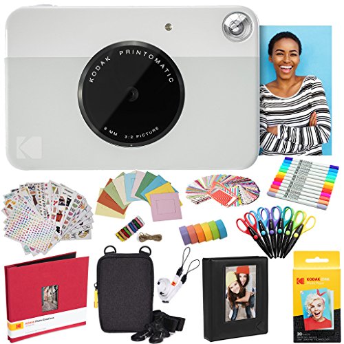 KODAK Printomatic Instant Camera (Grau) Komplettpaket + Zinkpapier (20 Blatt) + Luxusetui + Fotoalbum + 7 Aufklebersätze + Marker + Scheren + Randaufkleber und mehr von KODAK