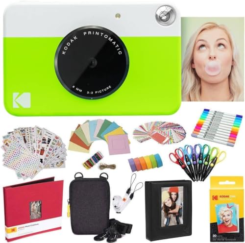 KODAK Printomatic Instant Camera (Grün) Komplettpaket + Zinkpapier (20 Blatt) + Luxusetui + Fotoalbum + 7 Aufklebersätze + Marker + Scheren + Randaufkleber und mehr von KODAK