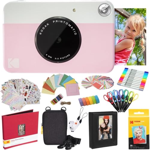 KODAK Printomatic Instant Camera (Rosa) Komplettpaket + Zinkpapier (20 Blatt) + Luxusetui + Fotoalbum + 7 Aufklebersätze + Marker + Scheren + Randaufkleber und mehr von KODAK