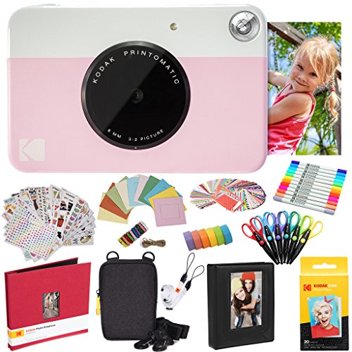 KODAK Printomatic Instant Camera (Rosa) Komplettpaket + Zinkpapier (20 Blatt) + Luxusetui + Fotoalbum + 7 Aufklebersätze + Marker + Scheren + Randaufkleber und mehr von KODAK