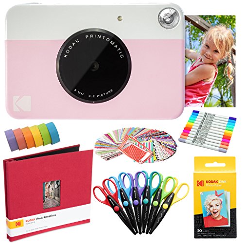 KODAK Printomatic Instant Camera (Rosa) Kunstpaket + Zinkpapier (20 Blatt) + 8 x 8-Stoff-Sammelalbum + 12 Doppelpunktmarker + 100 Aufkleber + 6 Scheren + Washi Tape von KODAK