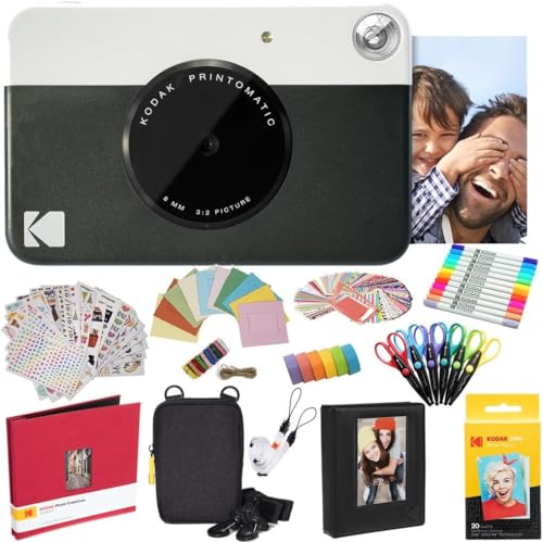 KODAK Printomatic Instant Camera (Schwarz) Komplettpaket + Zinkpapier (20 Blatt) + Luxusetui + Fotoalbum + 7 Aufklebersätze + Marker + Scheren + Randaufkleber und mehr von KODAK