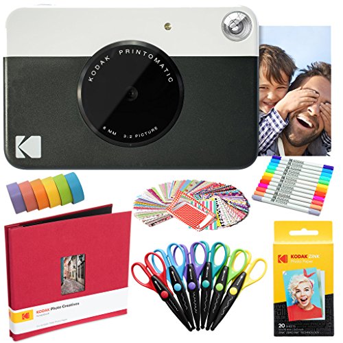 KODAK Printomatic Instant Camera (Schwarz) Kunstpaket + Zinkpapier (20 Blatt) + 8 x 8-Stoff-Sammelalbum + 12 Doppelpunktmarker + 100 Aufkleber + 6 Scheren + Washi Tape von KODAK
