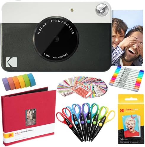 KODAK Printomatic Instant Camera (Schwarz) Kunstpaket + Zinkpapier (20 Blatt) + 8 x 8-Stoff-Sammelalbum + 12 Doppelpunktmarker + 100 Aufkleber + 6 Scheren + Washi Tape von KODAK