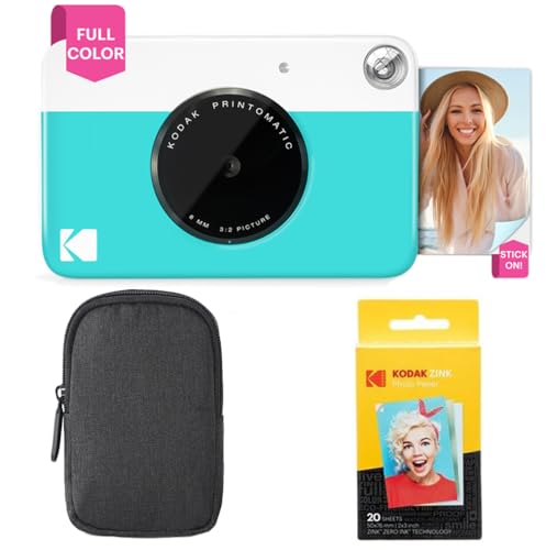 KODAK Printomatic Sofortbildkamera (Blau) Basis-Paket + Zinkpapier (20 Blätter) Etui + Bequemer Halsriemen von KODAK