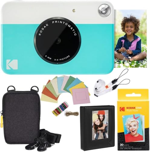 KODAK Printomatic Sofortbildkamera (Blau) Paket + Zinkpapier (20 Blätter) Etui + Fotoalbum + Hängerahmen + Bequemer Halsriemen von KODAK