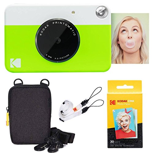 KODAK Printomatic Sofortbildkamera (Grün) Basis-Paket + Zinkpapier (20 Blätter) Etui + Bequemer Halsriemen von KODAK