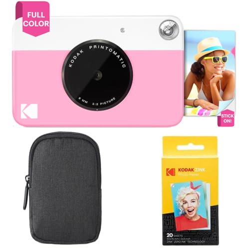 KODAK Printomatic Sofortbildkamera (Rosa) Basis-Paket + Zinkpapier (20 Blätter) Etui + Bequemer Halsriemen von KODAK