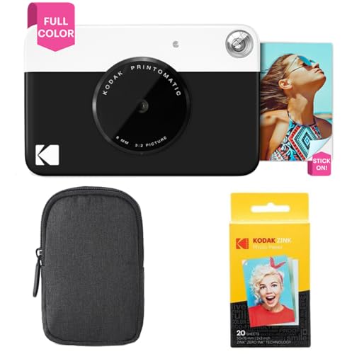 KODAK Printomatic Sofortbildkamera (Schwarz) Basis-Paket + Zinkpapier (20 Blätter) Etui + Bequemer Halsriemen von KODAK