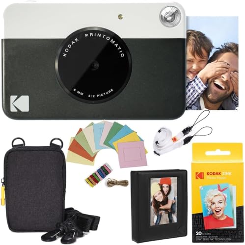 KODAK Printomatic Sofortbildkamera (Schwarz) Paket + Zinkpapier (20 Blätter) Etui + Fotoalbum + Hängerahmen + Bequemer Halsriemen von KODAK
