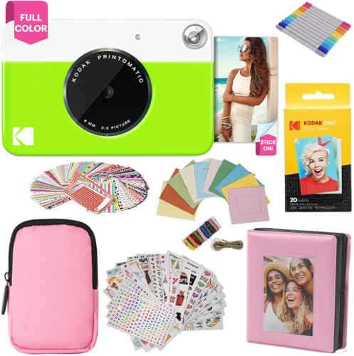 KODAK Printomatic Vollfarb-Sofortdruckkamera-Geschenkpaket + Softcase + Zink 2x3 Zoll selbstklebendes Fotopapier (20 Stück) + Album + Sticker-Sets + Sticker-Rahmen + Hängerahmen + Marker – Grün von KODAK