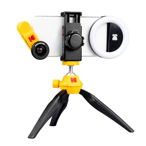 KODAK Smartphone Photography / Vlogging Kit bestehend aus einem 100° Weitwinkel- und 15x Makro-Objektiv, einem Dreibeinstativ, einem Ringlicht für Portraitaufnahmen und einer Schutztasche für Reisen KODAK Smartphone Photography / Vlogging Kit bestehend aus einem 100° Weitwinkel- und 15x Makro-Objektiv, einem Dreibeinstativ, einem Ringlicht für Portraitaufnahmen und einer Schutztasche für Reisen von KODAK