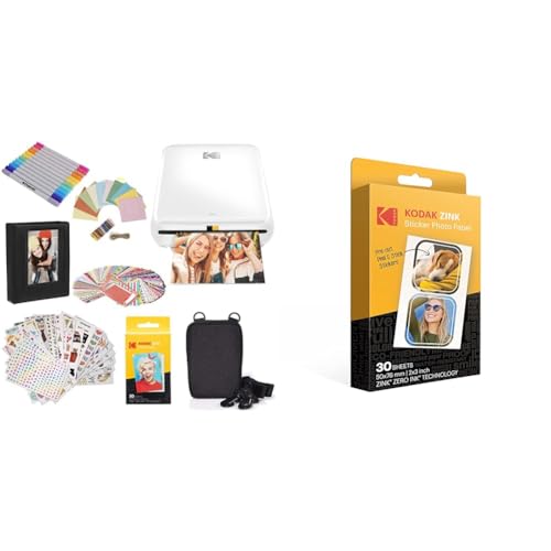 KODAK Step Drucker, Kabelloser mobiler Fotodrucker & 5,1 x 7,6 cm Premium Zink vorgeschnittenes Aufkleber Fotopapier (30 Blatt) kompatibel Step Drucker, Weiß, RODZ2X330C von KODAK