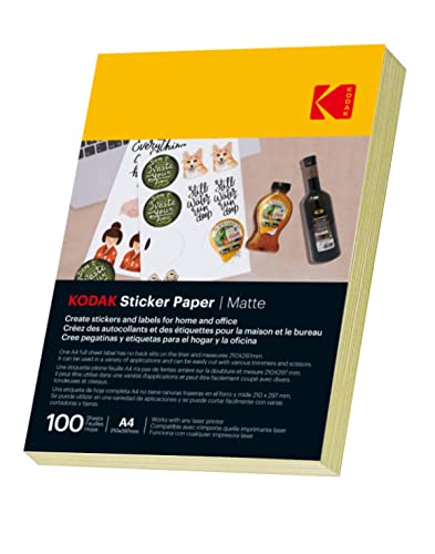 KODAK Stickerpapier A4 selbstklebende Etiketten 100 Blatt geeignet für Laser/Inkjet/Kopierer für universelle Etiketten (Matt) von KODAK