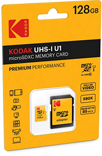 Kodak EKMSDM128GXC10K Premium 128GB microSDXC Speicherkarte, Highspeed, SD-Adapter UHS-I, U1, bis 85 MB/Sek von KODAK