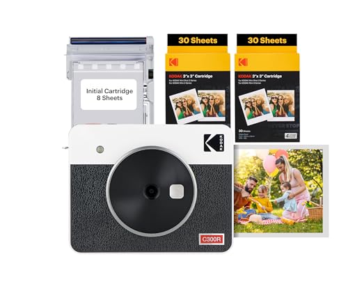 Kodak Mini Shot 3 Retro 4PASS 2-in-1-Sofortbildkamera und Fotodrucker, Tragbar (7,6 x 7,6 cm) + Paket mit 68 Blatt, Weiß von KODAK