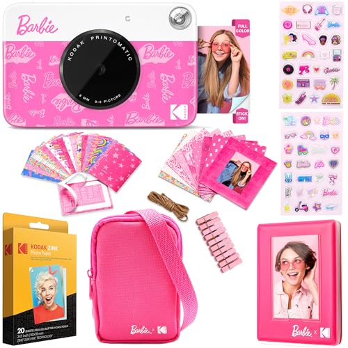 Kodak x Barbie Printomatic Sofortbildkamera – Geschenk-Bundle: Signature Style + Barbie Kameratasche, Fotoalbum, Sticker, Hängerahmen, 50 Sticker & Zink-Papier (20 Blatt) von KODAK
