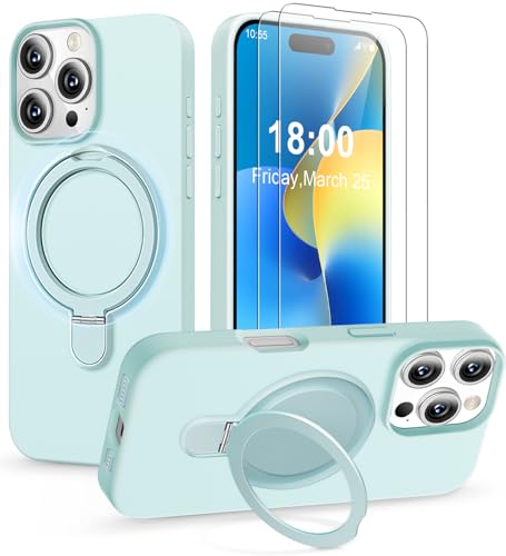 Handyhülle für iPhone 16 Pro Max Hülle mit 2 Stück Schutzfolie, Silikon Case mit Magnetisch Ring Ständer Und Kameraschutz, Weiches Mikrofaserfutter Stoßfest Schutzhülle für iPhone 16 Pro Max (Blau, C) von KOGENG