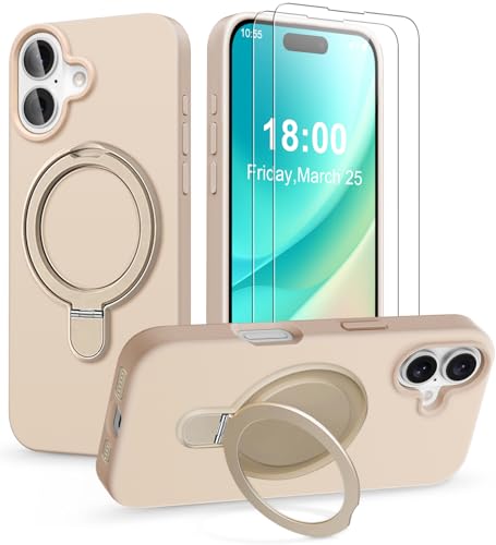 Handyhülle für iPhone 16 Hülle mit 2 Stück Schutzfolie, Silikon Case mit Magnetisch Ring Ständer Und Kameraschutz, Weiches Mikrofaserfutter Stoßfest Schutzhülle für iPhone 16 5G Tasche (Gold, A) von KOGENG