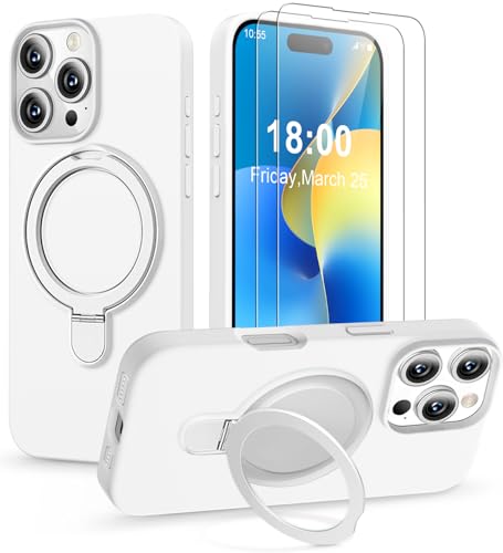 KOGENG Handyhülle für iPhone 16 Pro Hülle mit 2 Stück Schutzfolie, Silikon Case mit Magnetisch Ring Ständer Und Kameraschutz, Weiches Mikrofaserfutter Stoßfest Schutzhülle für iPhone 16 Pro (Weiß, B) von KOGENG