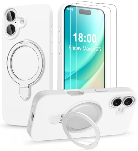 Handyhülle für iPhone 16 Hülle mit 2 Stück Schutzfolie, Silikon Case mit Magnetisch Ring Ständer Und Kameraschutz, Weiches Mikrofaserfutter Stoßfest Schutzhülle für iPhone 16 5G Tasche (Weiß, A) von KOGENG