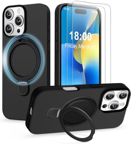 Handyhülle für iPhone 16 Pro Max Hülle mit 2 Stück Schutzfolie, Silikon Case mit Magnetisch Ring Ständer Kameraschutz, Weiches Mikrofaserfutter Stoßfest Schutzhülle für iPhone 16 Pro Max (Schwarz, C) von KOGENG