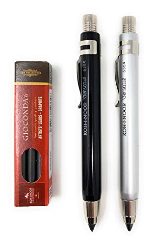 KOH-I-NOOR 5359 - Druckbleistift Metall mit Minenspitzer und Clip - 3er SET, Minenst?rke 5.6 mm - SILBER und SCHWARZ und GRAPHITMINEN 2B von KOH-I-NOOR