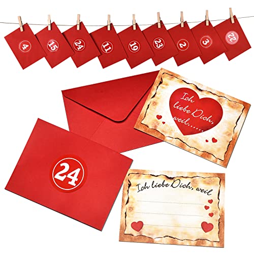 KOHMUI Adventskalender mit 24 Karten Ich Liebe Dich, Weil in 24 roten Umschlägen, Kärtchen mit 24 Zahlenaufkleber, Ein Natur Seil, 24 Holzklammern für Männer, Frauen, Paare von KOHMUI