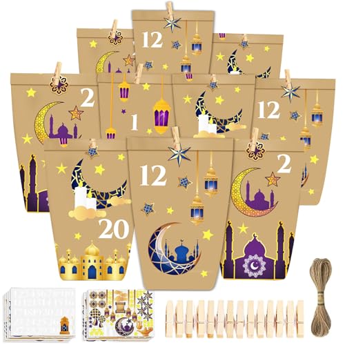 DIY Ramadan Kalender zum Befüllen, Eid Mubarak zum Befüllen 30 Kraftpapiertüten braun Kraftpapier Geschenktüten Eid Mubarak mit Eid Mubarak Aufklebern und Klammern - Eid Mubarak (A) von KOIROI