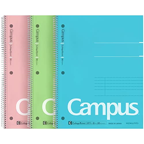 KOKUYO Campus Spiralnotizbuch, 26,7 x 20,3 cm, College-liniert, 80 Blatt (160 Seiten), blutbeständig, Packung mit 3 Farben: Rosa, Himmelblau, Grün, hergestellt in Japan (WSG-SU-400G1×3) von KOKUYO