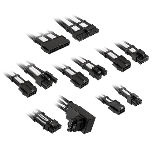KOLINK Core 12V-2x6 Verlängerungskabel-Set, enthält 12V-2x6 Adapter Typ 1, 8 Kabel, 12VHPWR abwärtskompatibel, bis zu 600W Leistung, PET-Geflecht, 16AWG, Jet Black + Brilliant White von KOLINK