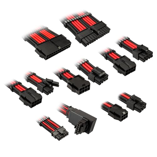 KOLINK Core 12V-2x6 Verlängerungskabel-Set, enthält 12V-2x6 Adapter Typ 1, 8 Kabel, 12VHPWR abwärtskompatibel, bis zu 600W Leistung, PET-Geflecht, 16AWG, Jet Black + Racing Red von KOLINK