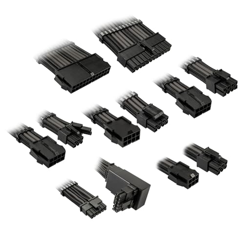 KOLINK Core 12V-2x6 Verlängerungskabel-Set, enthält 12V-2x6 Adapter Typ 2, 8 Kabel, 12VHPWR abwärtskompatibel, bis zu 600W Leistung, PET-Geflecht, 16AWG, Jet Black + Gunmetal Grey von KOLINK