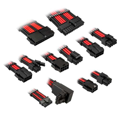 KOLINK Core 12V-2x6 Verlängerungskabel-Set, enthält 12V-2x6 Adapter Typ 2, 8 Kabel, 12VHPWR abwärtskompatibel, bis zu 600W Leistung, PET-Geflecht, 16AWG, Jet Black + Racing Red von KOLINK