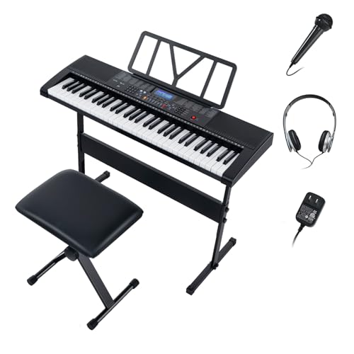 KOMFOTTEU 61 Tasten elektronisches Keyboard, Digitalpiano Set tragbar mit Ständer & Hocker, 600 Klangfarben & 400 Rhythmen, 50 Demosongs, Mikrofon, Kopfhörer & Notenständer von KOMFOTTEU
