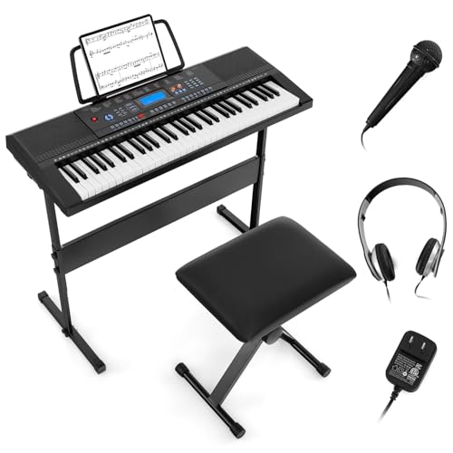 KOMFOTTEU 61 Tasten elektronisches Keyboard, Digitalpiano Set tragbar mit Ständer & Hocker, Klangfarben & Rhythmen, 50 Demosongs, Mikrofon, Kopfhörer & Notenständer (Modell 1) von KOMFOTTEU