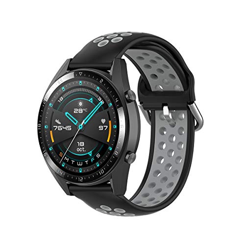 KOMI 20 mm 22 mm Silikon Uhrenarmband, Damen Herren Fitness Sport Ersatz Band Smart Watch Zubehör (22 mm, schwarz/grau) von KOMI