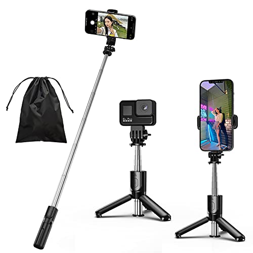 KOMI Selfie-Stick – 4-in-1 Selfie-Stick, ausziehbar, tragbar, mit Abnehmbarer kabelloser Fernbedienung, kompatibel mit iPhone, Samsung, Kamera, Android (Mini-Schwarz) von KOMI