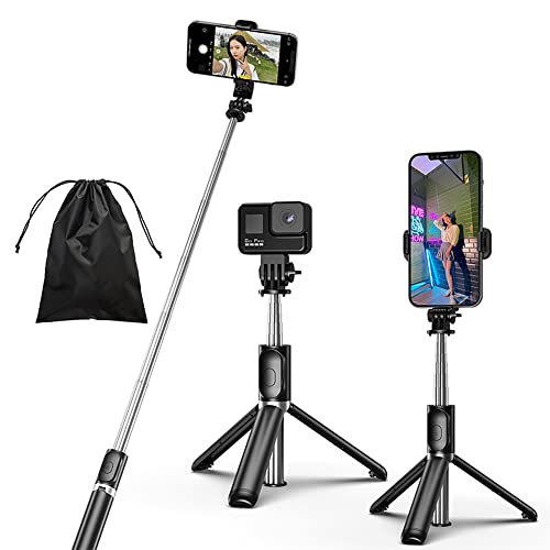 KOMI Selfie-Stick – 4-in-1 Selfie-Stick, ausziehbar, tragbar, mit Abnehmbarer kabelloser Fernbedienung, kompatibel mit iPhone, Samsung, Kamera, Android (schwarz) von KOMI