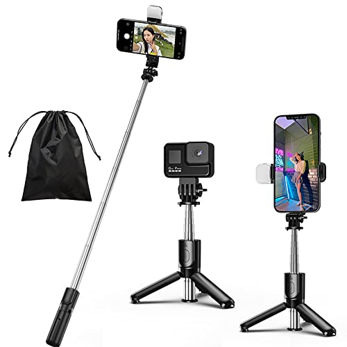 KOMI Selfie-Stick – 4-in-1 Selfie-Stick Stativ mit Fülllicht, Mini-Stativ, ausziehbar, tragbar, mit abnehmbarer kabelloser Fernbedienung, kompatibel mit iPhone, Samsung, Kamera (Mini schwarz + hell) von KOMI