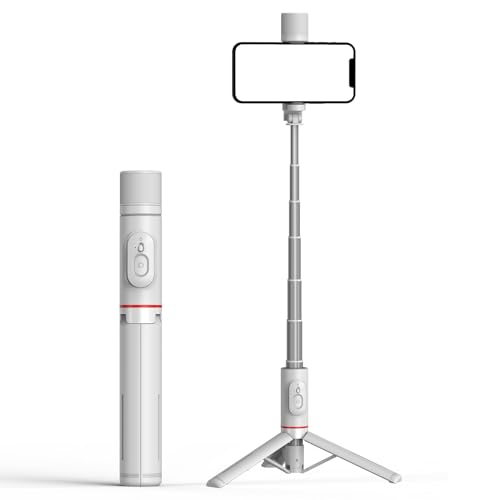 KOMI Selfie Stick Stativ mit Licht - Ausziehbares Telefonstativ mit wiederaufladbarer drahtloser Fernbedienung All-in-one Kompatibel mit iPhone 15 14 pro max, Samsung, Android, iOS (Weiß+Licht) von KOMI