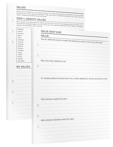 KOMPASS® Values | A5 Planner Inserts | 11 Sheets for Identifying & Clarifying Personal Core Values – A5 Size (14.5 cm x 21 cm) – Perfect for Goal Setting & Decision Making von KOMPASS