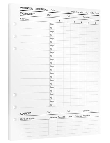 KOMPASS® Workout Log | A5 Fitness Planner Inserts | 30 Refill Sheets for Strength Training & Cardio Tracking | Gym Journal with Nutrition & Progress Tracking | A5 Binder Refill (14.5 cm x 21 cm) von KOMPASS