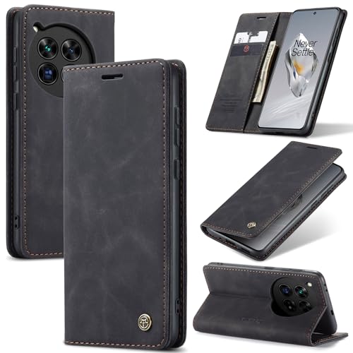 KONEE Hülle Kompatibel mit Oneplus 12, Lederhülle PU Leder Flip Tasche Klappbar Handyhülle mit [Ständer Funktion] [Kartenfächer], Cover Schutzhülle für Oneplus 12 - Schwarz von KONEE