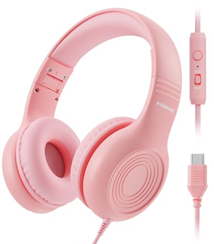 KONNAO Upgrade USB Typ C Kinder-Kopfhörer, kabelgebundene Kopfhörer für Kinder mit Mikrofon für Jungen und Mädchen, einstellbare Lautstärke von 85 dB/94 dB (Rosa) von KONNAO