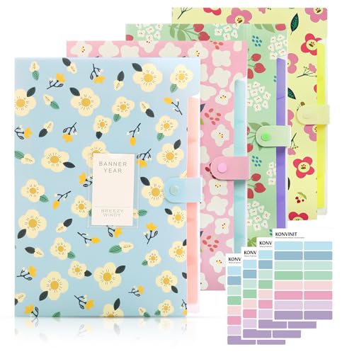 KONVINIT Dokumentenmappe a4,Fächermappe mit 6 Tasche Mappe mit fächern Floral/Blumen Document Folder Organizer Papier Organizer Herausnehmbar aesthetic Schulsachen,4 Stücke von KONVINIT