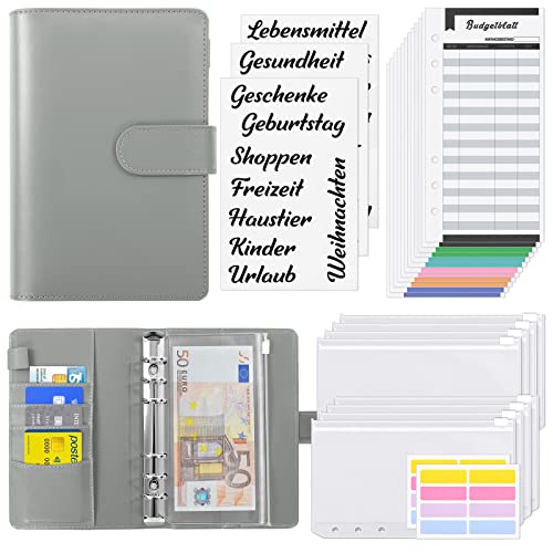 KONVINIT Budget Binder,A6 Ringbuch Budget Planner,Budget Organizer,Geld Sparen Mappe mit Geldumschläge für Budgetierung,Budgetbogen,Etiketten,Geschenke für Frauen,grey von KONVINIT