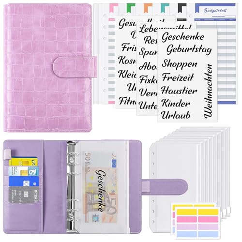 KONVINIT Budget Planner A6 Budget Binder,Budgetplaner mit Folien Deutsch,Ringbuch Finanzplaner mit Geldumschläge,Budgetsheets und Kategorien-Etiketten,Um Geld Sparen,Money organizer,lila von KONVINIT